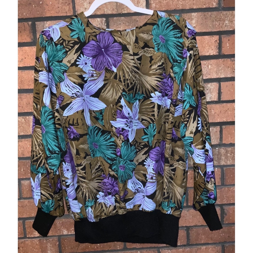 Vintage Leni Tropical Floral‎ Blouse Long Sleeve Banded Hem Purple Teal Size 14